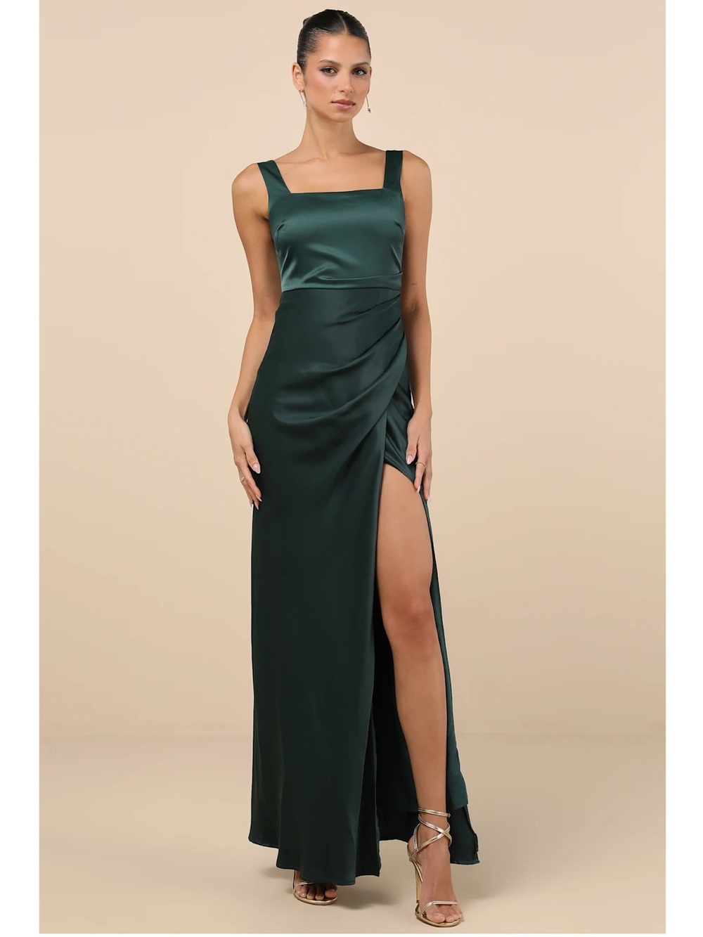 Lulus Red Carpet Romance Emerald Green Satin Square Neck Maxi Dress Event NWT M